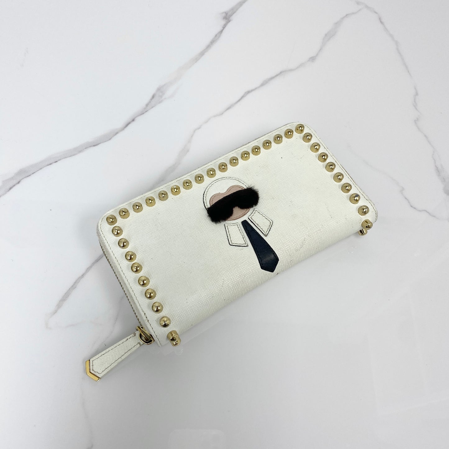 Fendi White Leather Karlito Zip Around Continental Wallet - Lafayette Consignment