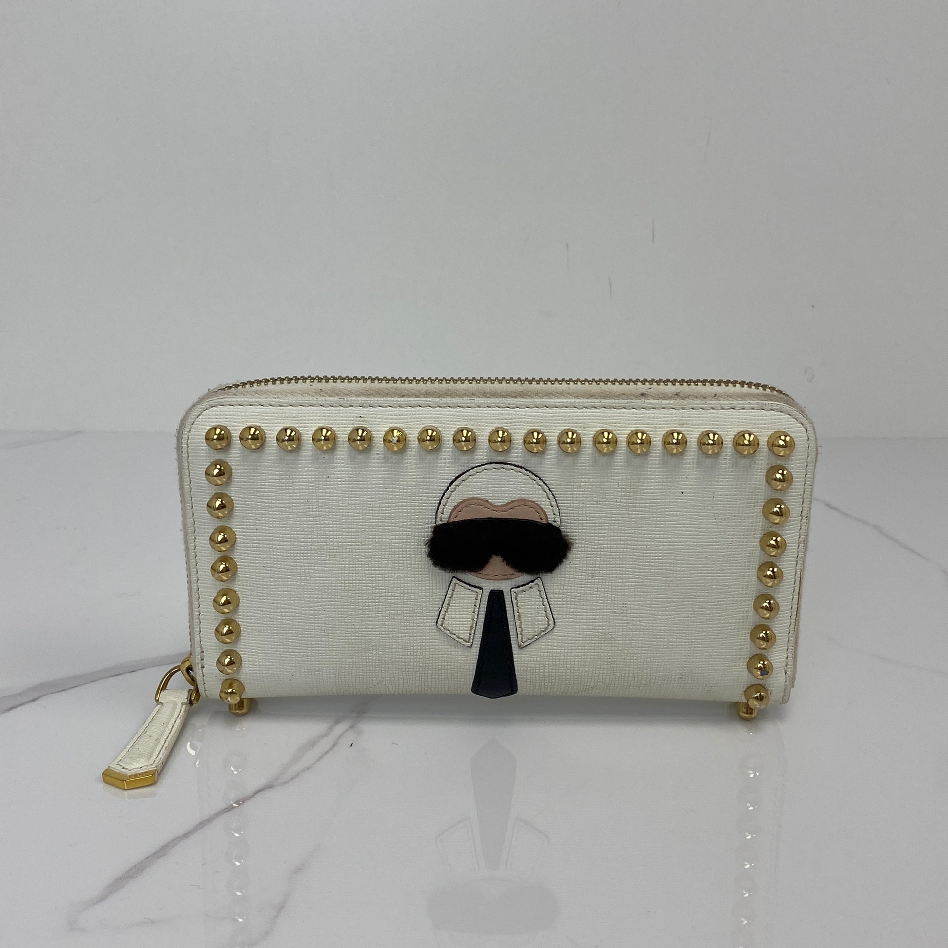 Fendi White Leather Karlito Zip Around Continental Wallet - Lafayette Consignment