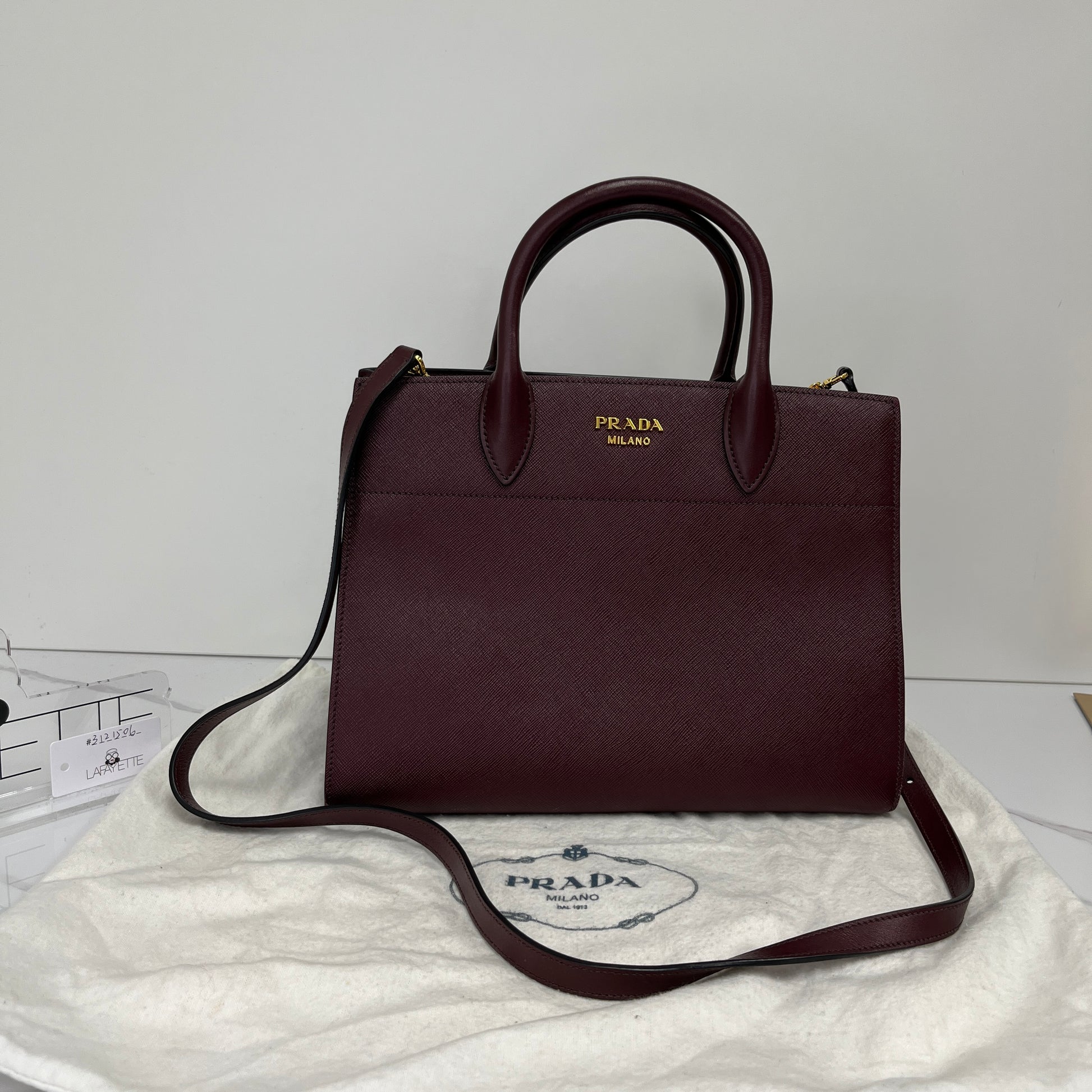 Authentic Prada Bibliotheque Saffiano Tote in Burgundy