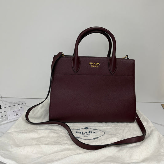 Authentic Prada Bibliotheque Saffiano Tote in Burgundy