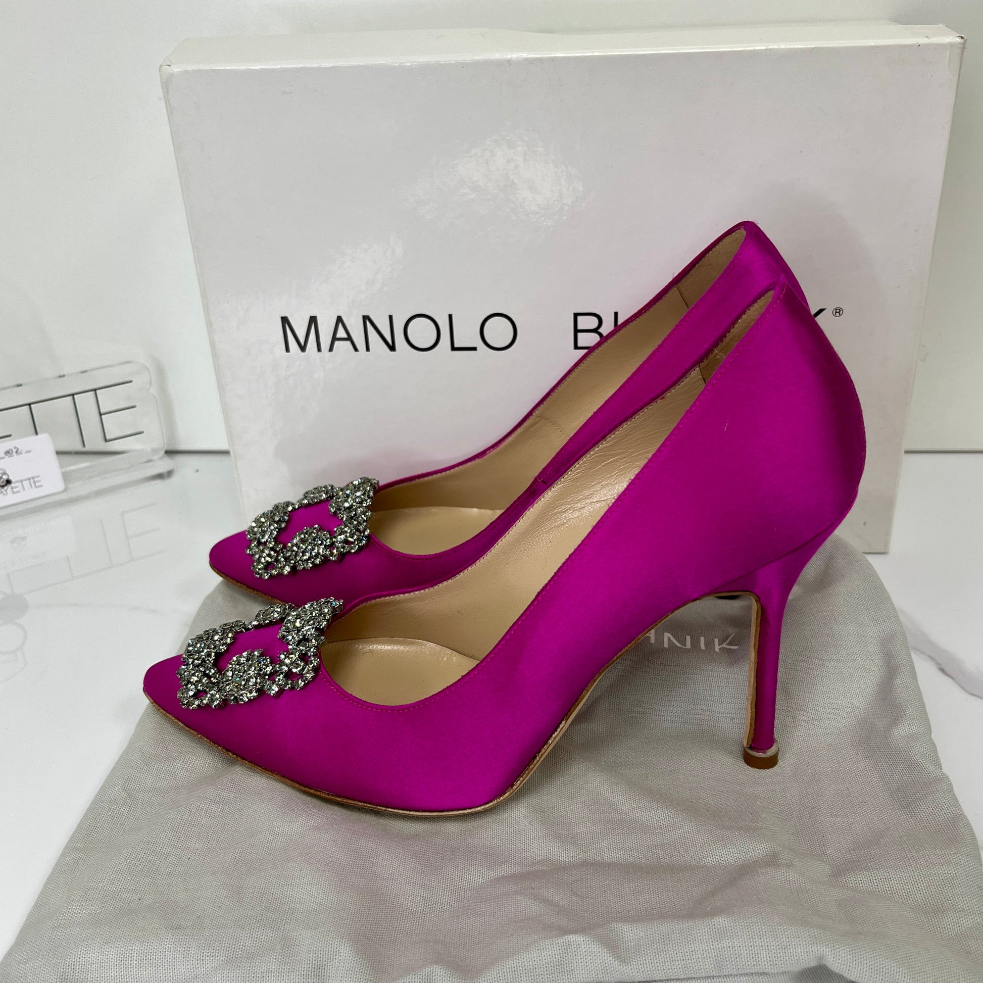 Manolo Blahnik Satin Jewel Buckle Pumps (105mm) - Size 37.5 - Lafayette Consignment