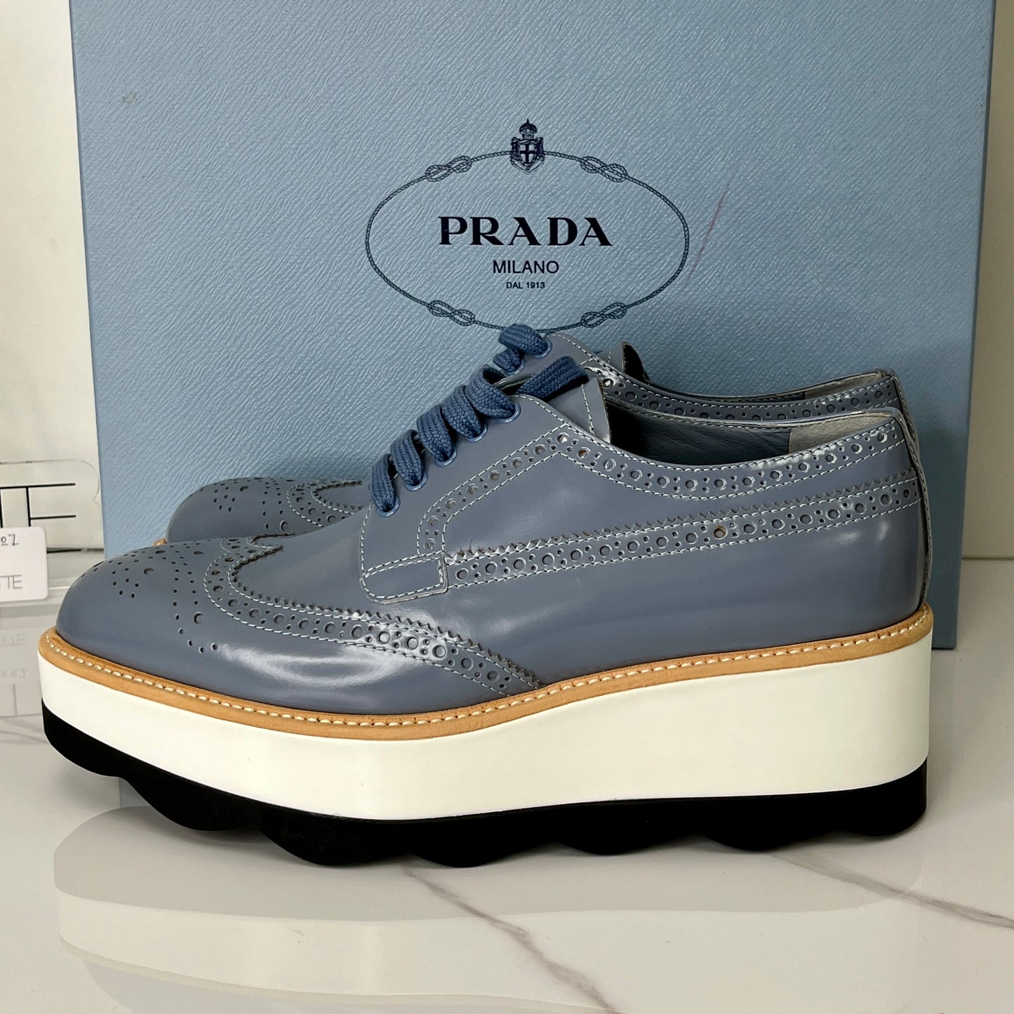 Prada Blue Leather Platform Oxford - Lafayette Consignment