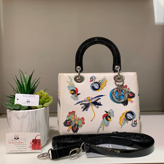 Dior White Leather Embroidered Medium Lady Dior Bag